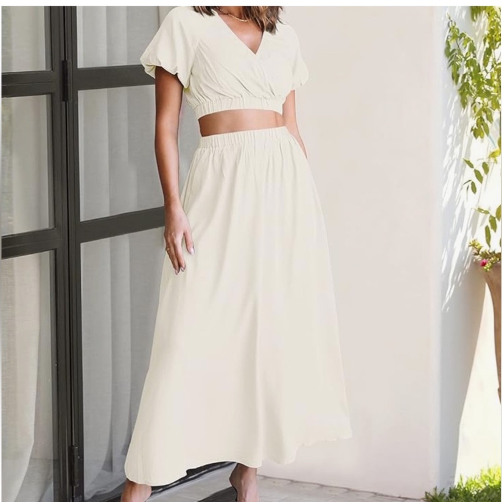 Casual Boho 2 Piece Outfits V Neck Short Sleeve wrap Crop and Long Skirt Set L